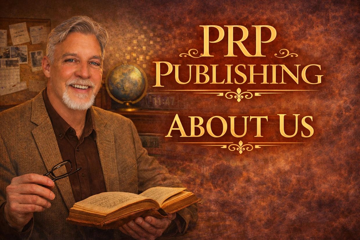 PRP Publishing About Us banner featuring P. R. Pharos with ancient book and historical study theme