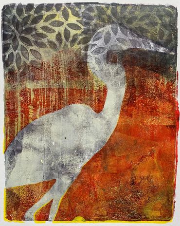 Red Water Wader, monotype, 8x10", from the "Shared Boundary Series"