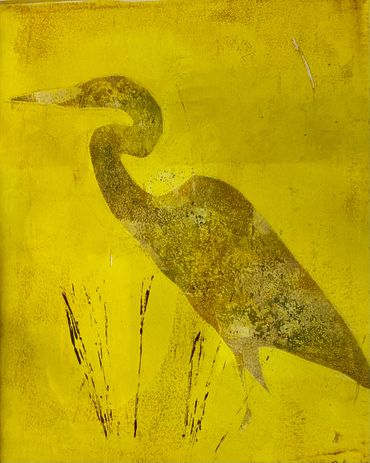 Sunrise Heron, monotype, 8x10", from the "Shared Boundary Series"