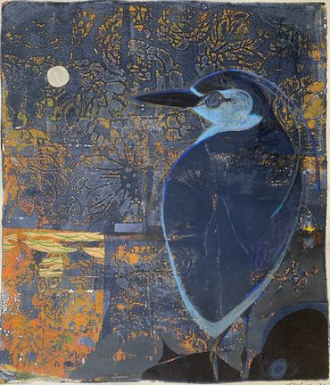 Night Heron Nesting, collage and mixed media on monoprint on paper, 2023, 12x24"