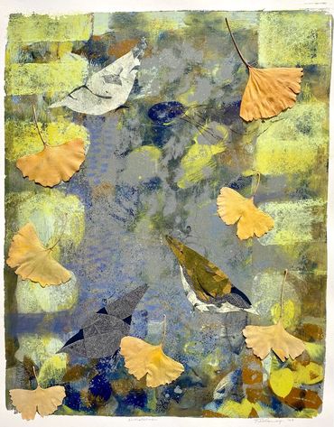 Nuthatches on River Birch, mixed media over monoprint, 16x20", 2023