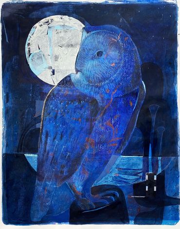 Blue Owl Moom, mixed media on monoprint, 16x20", 2023