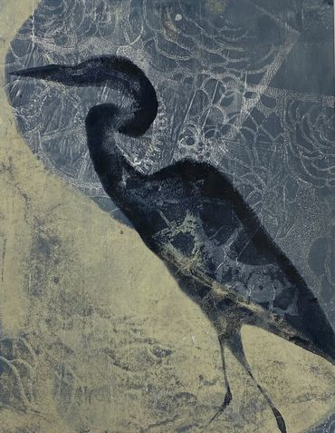 Twilight Heron, monotype, 8x10", from the "Shared Boundary Series"
