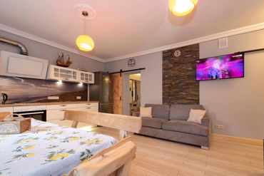 open plan kitchen with double sofa bed