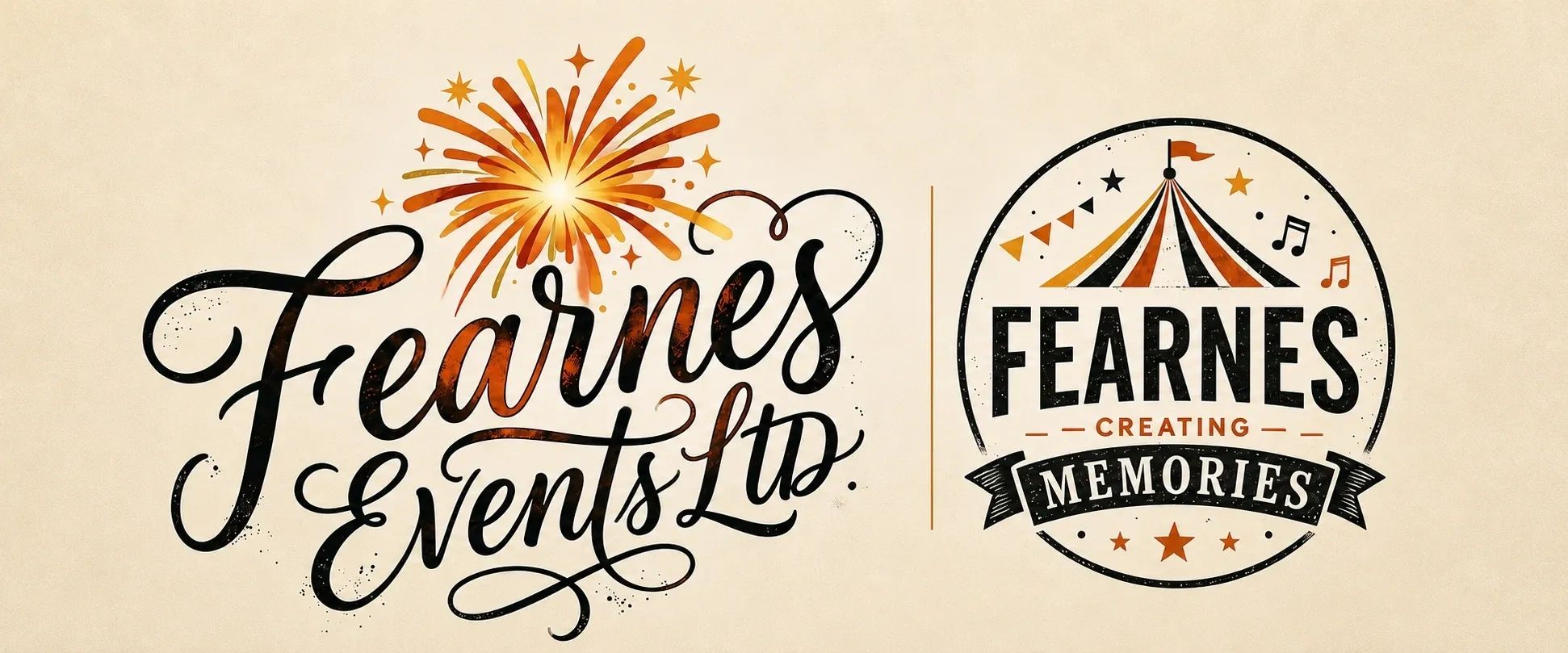 Fearnes Events Ltd logo with fireworks and circus tent elements.