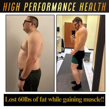 Before and after photos showing significant fat loss and muscle gain.