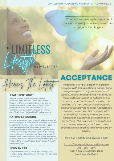 Summer 2025 counseling newsletter emphasizing acceptance and wellbeing.