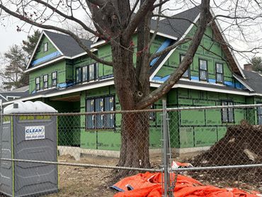 A house under construction with green ZIP System sheathing and a large tree in front.