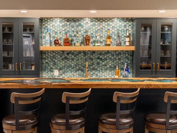 custom home bar - blue cabinets and unique tile backsplash - pittsburgh pa