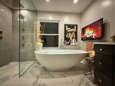 Spa-Inspired Bathroom Renovation with walking shower and freestanding soaking tub - Treesdale, PA -