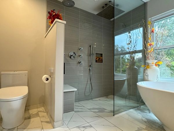 gray walk in shower - master bathroom renovation pittsburgh pa