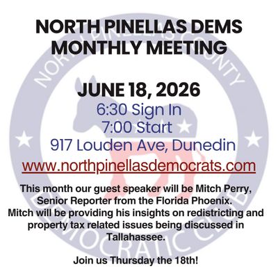 Flyer for North Pinellas Dems meeting with guest speaker Mitch Perry on June 18, 2026.