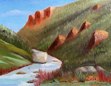 Oil painting of a fly fisherman in a river canyon.