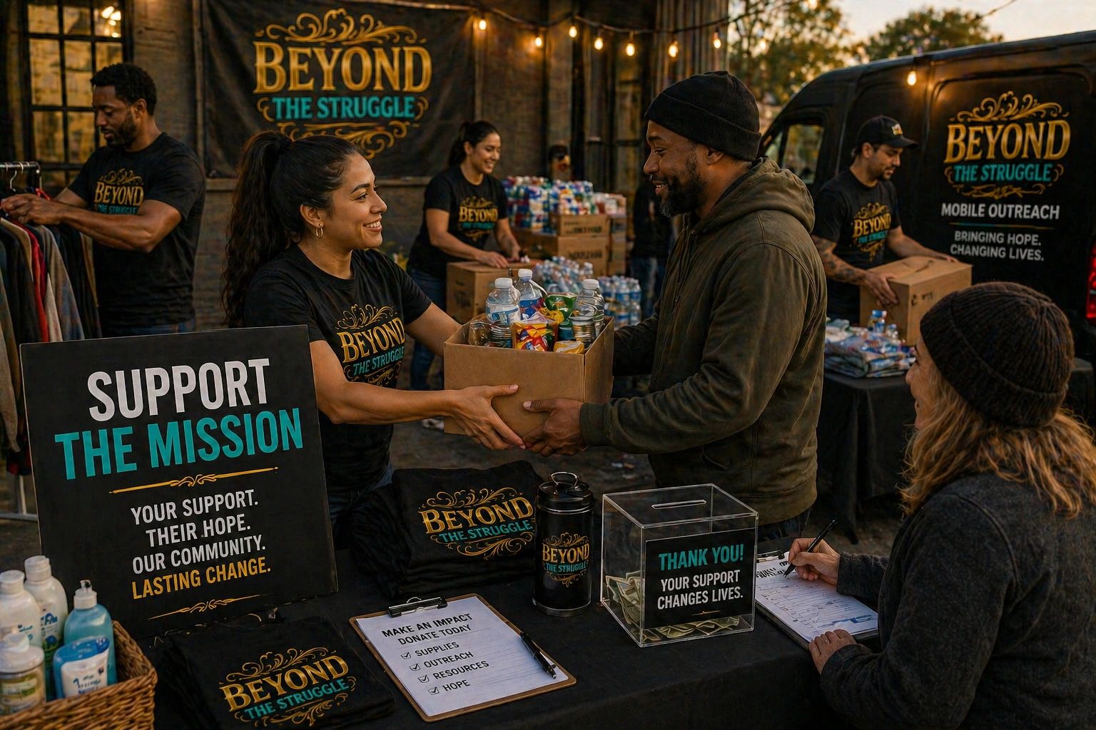 Volunteers distributing donated supplies at a community outreach event.
