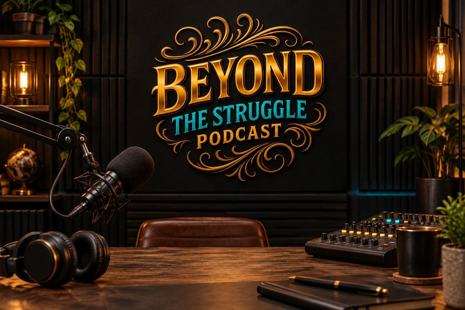 Beyond the Struggle Podcast studio featuring the podcast logo, microphone, headphones, audio equip.