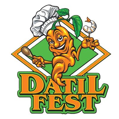 A cheerful chili pepper mascot for Datil Fest with chef hat and shrimp skewer.