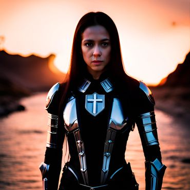 a young Asian-Korean woman wearing black & silver knight armor a with holy cross looks heroic