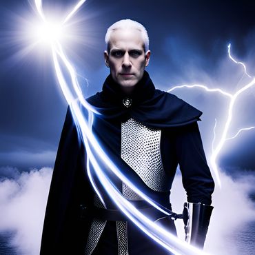 divine electricity lightning arcs around an elderly white gray-haired male priest wearing armor