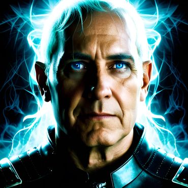 electricity arcs around a close-up of elderly white gray-haired male priest wearing a medieval armor