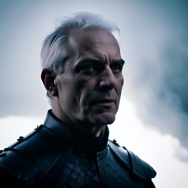 close-up of elderly white gray-haired male priest wearing a medieval armor