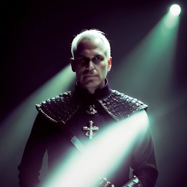 elderly white gray-haired male priest wearing a medieval armor and holy cross