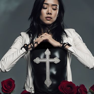 young Asian-Korean woman wearing white leather jacket holds a black pillow with a silver cross on it