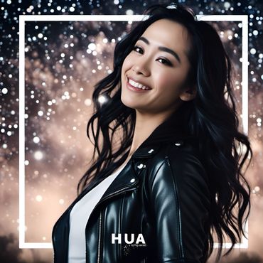 young Asian-Korean woman wearing leather jacket and white shirt, smiles. "HUA" text is overlaid.