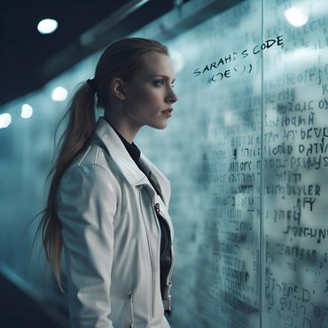 strawberry blond woman in a white leather looks at Wall full of DNA "Code"
https://sea-rocks.com