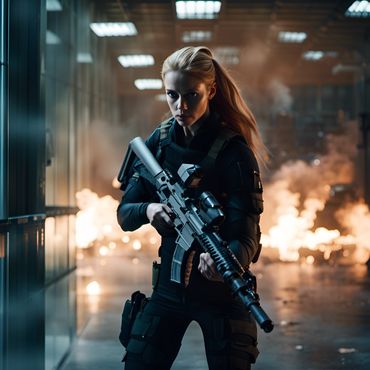 strawberry blond woman in black combat armor charges into battle in a building
https://sea-rocks.com