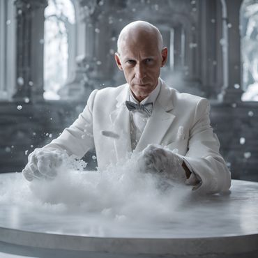 a bloodied shot elderly male priest wearing a white business suit, is frozen attached to a table