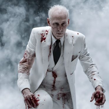 a bloodied shot elderly male priest wearing a white business suit, stumbles in a frost cold hall