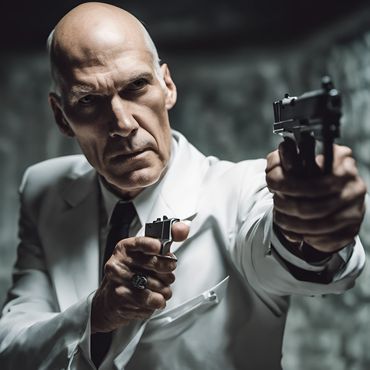 elderly male priest wearing a white business suit, wields a Glock Pistol in a dungeon hallway