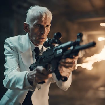 elderly male priest wearing a white business suit, fires an assault rifle in a dungeon hallway