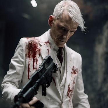 a bloodied shot elderly male priest wearing a white business suit, holds an assault rifle in a hall
