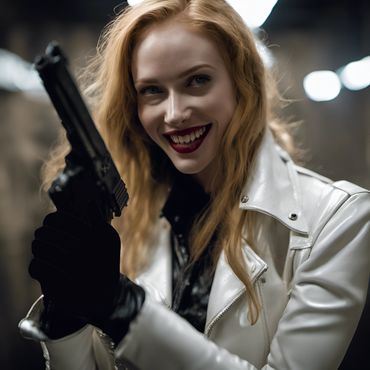 strawberry blond woman in a white leather holds a Glock Pistol manically
https://sea-rocks.com