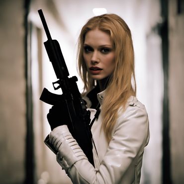 strawberry blond woman in a white leather jacket holds a scary assault rifle
https://sea-rocks.com