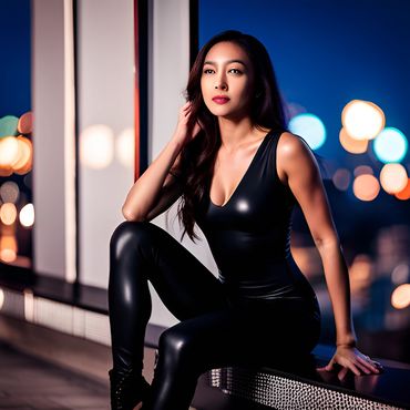 a young Asian-Korean woman wearing black exercise latex catsuit, sits on a window in a skyscraper