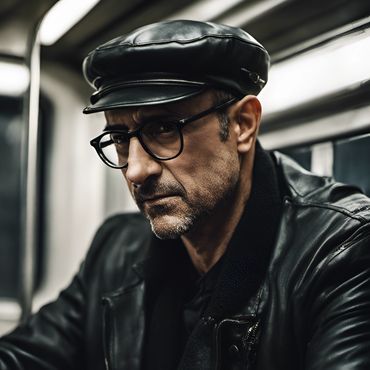 closeup of a white man wearing rimmed glasses and a beret sitting on a subway train.