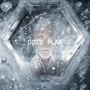 A hexagonal encases an elderly male priest wearing a white business suit with "God's Plan" on it