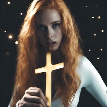 strawberry blond woman in white latex holds a Holy Christian cross
https://sea-rocks.com