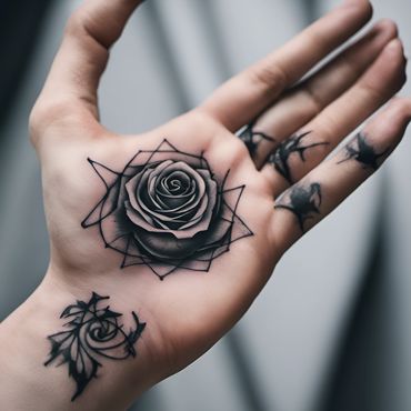 closeup of a hand with a mystical intricate rose tattoo, and Illuminati eye and rune tattoos too