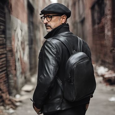 a white man wearing rimmed glasses and a beret wears a backpack in an alley