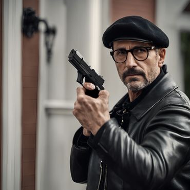 a white man wearing rimmed glasses and a beret holds a Pistol in a doorway.