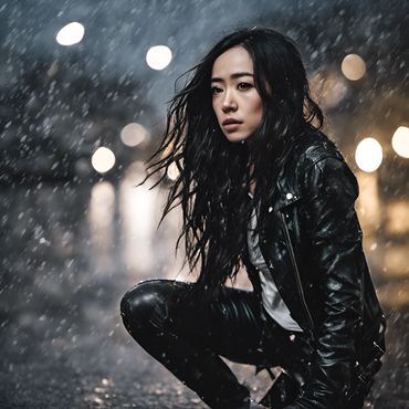 young Asian-Korean woman wearing leather jacket and white shirt, kneels with rain pouring on her