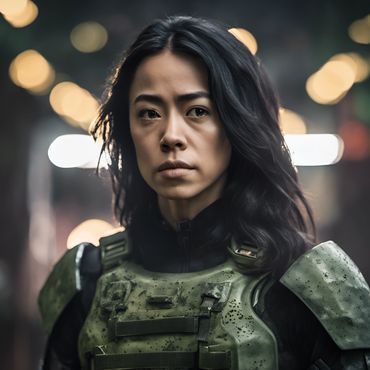 closeup of a young Asian-Korean woman wearing green camouflage combat armor looks gravely serious
