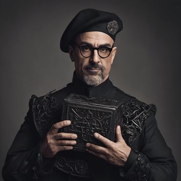 a white man wearing rimmed glasses, a beret holds a runed demonic black box.
