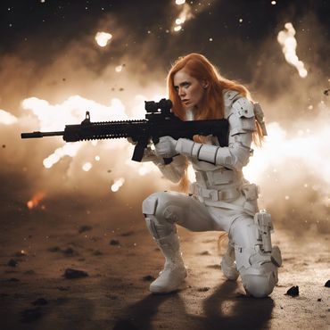 strawberry blond woman in white combat armor kneels. shooting an assault rifle
https://sea-rocks.com
