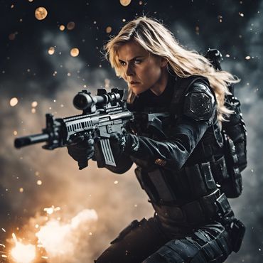 Soldier Blond Woman in combat armor shoots an assault rifle heroically
https://sea-rocks.com