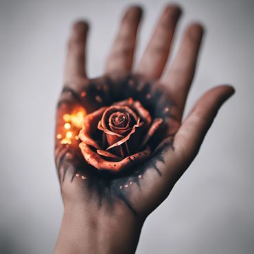 closeup of a hand with a fiery burning mystical intricate rose tattoo
