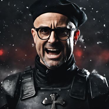 closeup of a white man wearing rimmed glasses, a beret, body armor with a cross, panicking.